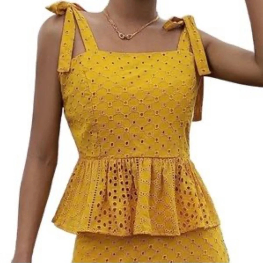 House of Harlow 1960 Eyelet Embroidered Tie Strap Ruffle Tank Top Mustard Yellow